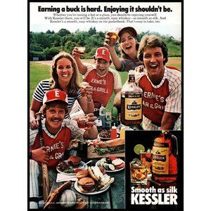 1984 Kessler American Whiskey Vintage Print Ad BBQ Cookout Baseball Team Photo